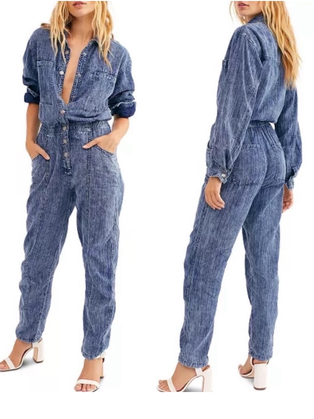 Free People We The Free Ari Denim Striped Coverall Jumpsuit size S - Picture 3 of 12